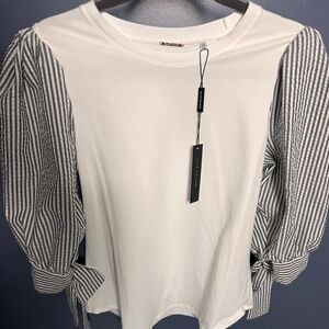 ELIE TAHARI Stripe Puff Tie Sleeve  White Stretch Top Large NWT
